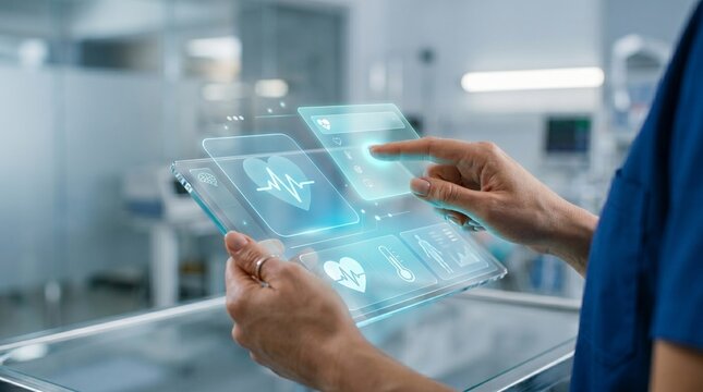 Innovative medical technology with futuristic holographic interface displaying vital signs and heart rate in a modern clinic environment