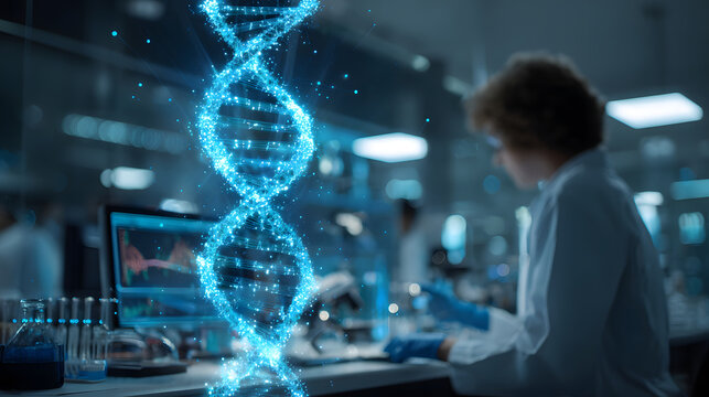 Glowing DNA helix scientist in laboratory digital interface biotech research microscope computer display sample vials lab coat gloves