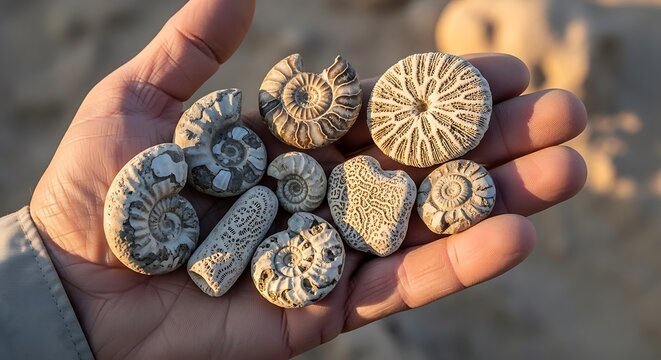 Fossil ammonites in a human hand.