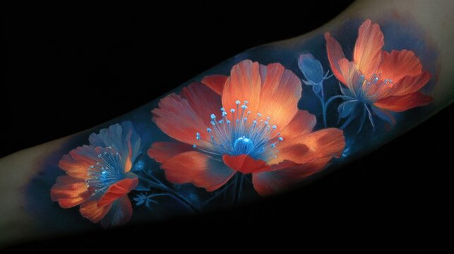 Vibrant poppy tattoo on arm fluorescent artistic design black background