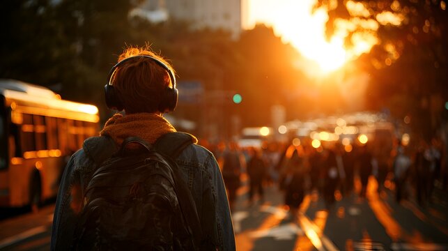 A young person wea headphones and a backpack walks down a city street du a vibrant sunset with a crowd of blurred people around them.