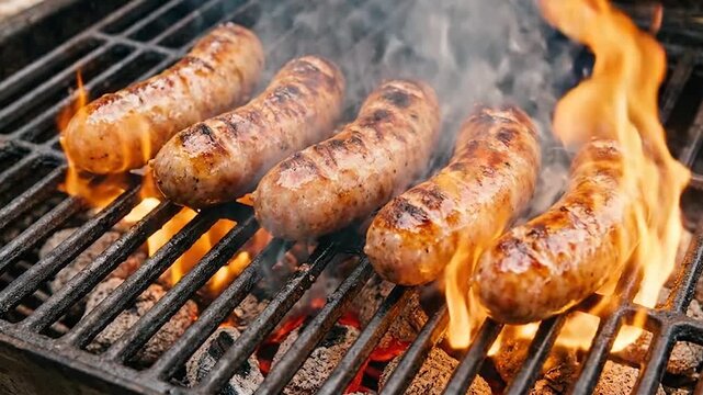 Five sausages grill over hot charcoal flames, showing char marks and rising smoke. Perfect for a summer barbecue or cookout scene.
