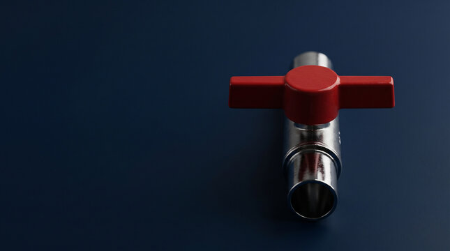 Red industrial shut-off valve handle on deep navy blue background oil supply energy blockade flow control concept macro.