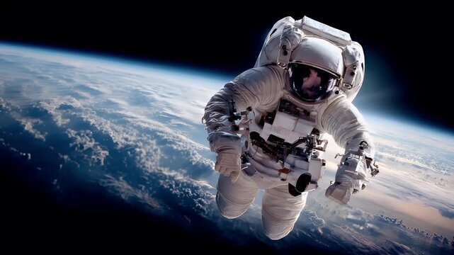 Space universe exploration, fantasy, mysterious. A vivid depiction of an astronaut floating above the Earth. The astronaut is in a dynamic pose.