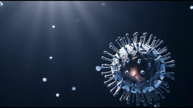 3 d medical animation of coronavirus sars-co v-2 virus cell floating in microscopic dark environment