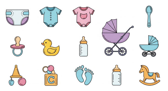 Collection of baby care items and toys illustration.