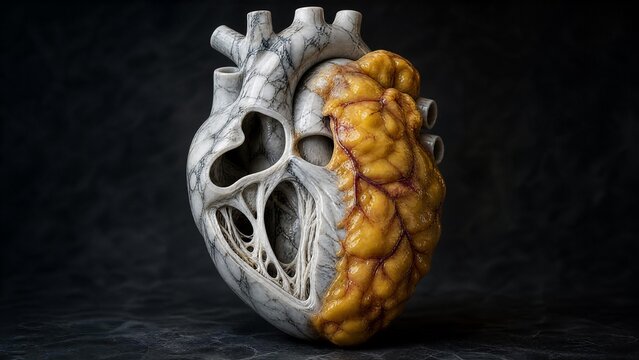 A marble-sculpted human heart cross-section with a glossy, fatty texture encroaching on one side.