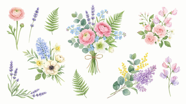 Watercolor Spring Floral Bouquets with Ranunculus Lavender and Peonies Set for Greeting Cards