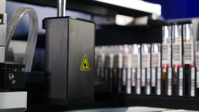 Healthcare. Clinical blood chemistry analyzer at work. Automated process of biological samples research in biochemistry analyzer. Professional lab equipment scanning barcodes on test tubes. 4 k video