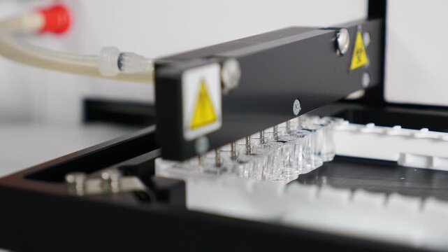Medical hospital laboratory equipment for identifying virus and disease. Healthcare . Clinical blood analyzer of human bio sample. Automated process in biochemistry analyzer. 4 k video