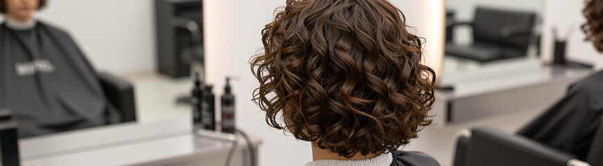 Naklejka premium young brunette back showcasing short curly hair sits hairstylist chair within modern hairdressing salon