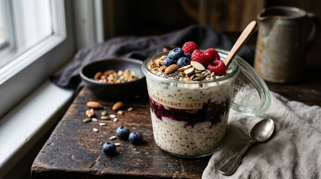 A glass jar filled with overnight oats sits on a rustic wooden table next to a mug and a spoon. The oats are layered with berries, seeds, and nuts.