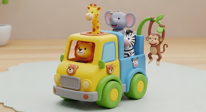 Colorful toy truck with animal friends.