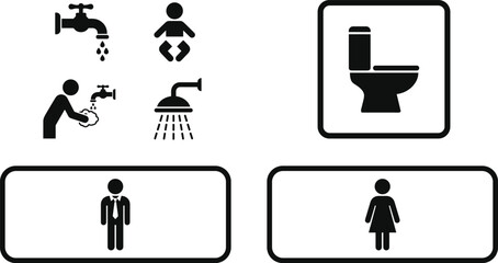 Obraz premium Public Restroom and Hygiene Icons Set with Toilet Shower Hand Washing Baby Care and Gender Symbols