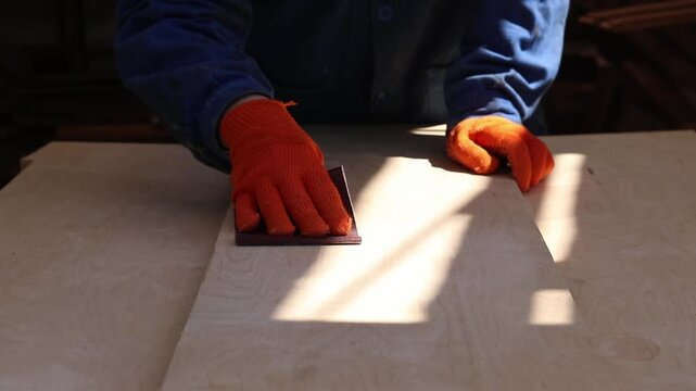 A hand in an orange glove sands a wooden surface with sandpaper. The process of manually sanding a wooden board with fine-grained sandpaper. The craftsman works in a protective glove. DIY concept