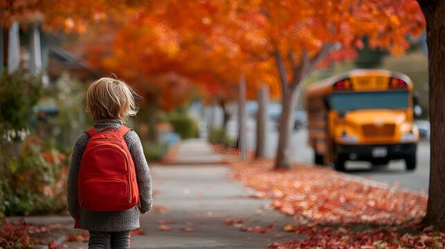 A young child with a red backpack walks toward a school bus on a sidewalk lined with trees showing beautiful fall colors in autumn season.