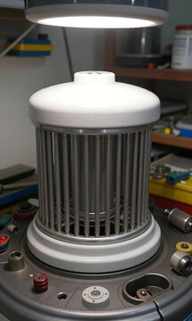 shot washing machine heating element illuminated soft overhead lighting positioned cluttered workshop