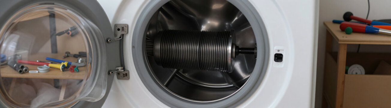 shot washing machine heating element illuminated soft overhead lighting positioned cluttered workshop