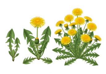 Fototapeta premium Four dandelion growth stages with yellow flowers and leaves isolated on a transparent background