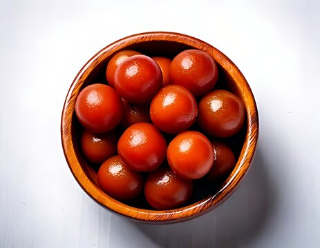 A&nbsp;round wooden bowl with a whole&nbsp;glossy brown golap jamun on a white backdrop
