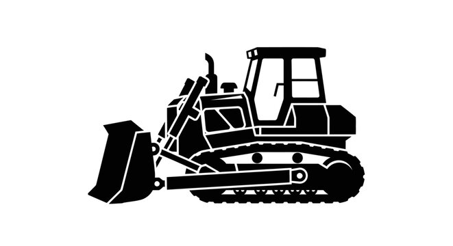 Black silhouette of a heavy construction bulldozer on white background.