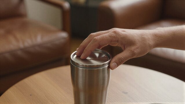 Hand sealing stainless steel travel mug on wooden table near leather