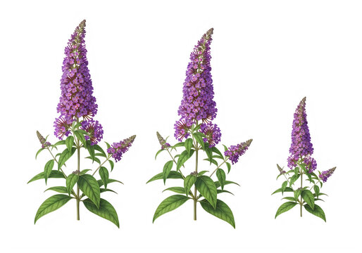 Three purple butterfly bush flower spikes with green leaves isolated on a transparent background