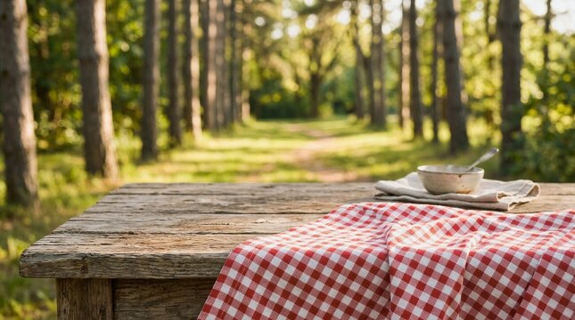Wooden picnic table with red checkered cloth set in sunlit forest clearing