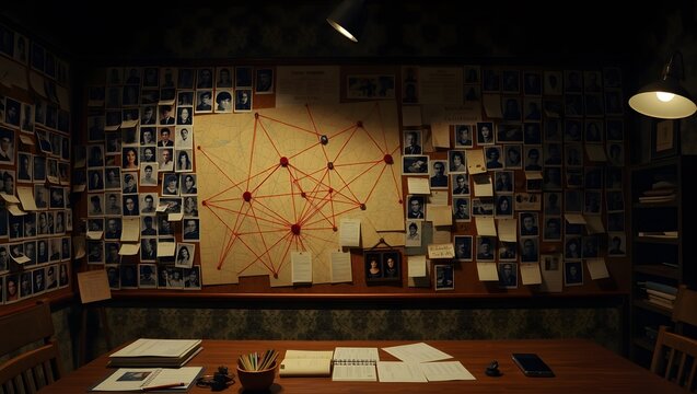 Crime investigation board with enemy photos, red string connections, and pinned evidence notes