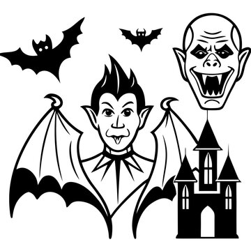 Halloweenthemed illustration featuring cartoon vampires and bats with gothic castle silhouette