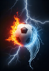 Naklejka premium Soccer ball on fire and water with lightning background
