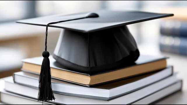 Graduation cap book education academic learning study success achievement knowledge scholarship, future education success knowledge motivation, university college stacked book symbolizing academic