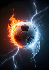 Naklejka premium Soccer ball on fire and ice with lightning