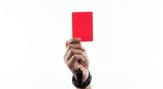 Referee holding red card and whistle sports penalty concept