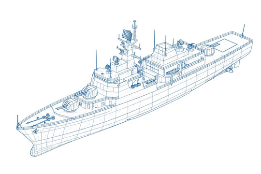 Detailed Warship 3D Wireframe Model &ndash; Isometric View, Vector Illustration