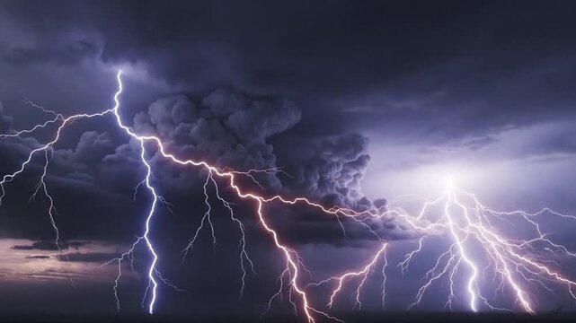 A bright lightning bolt strikes during a dark and intense thunderstorm at night