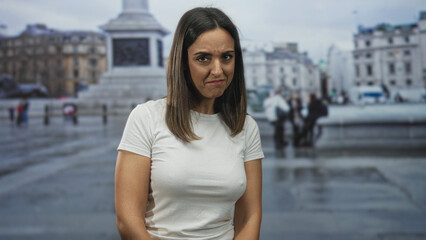 Obraz premium Woman frowning with tense expression in a white t-shirt, hands relaxed at sides, posed before a city square monument backdrop in a studio; unease.