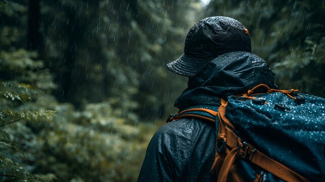 Hiker with backpack walking through a lush green forest in the pou rain on a cloudy day enjoying nature and the environment for outdoor