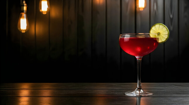 Cocktail on wooden table with light bulb background