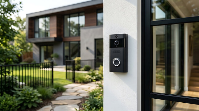 Smart doorbell installed on a white pillar of a modern luxury house with a blurred garden and stone path background
