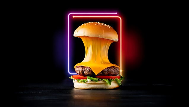 Delicious beef cheeseburger with long melting cheese strings in front of a colorful glowing neon frame on a dark black background