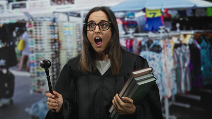 Naklejka premium Woman judge in black robe holding gavel and stacked books, mouth open in an exclamatory gesture while standing amid a street market stall; surprise drama.