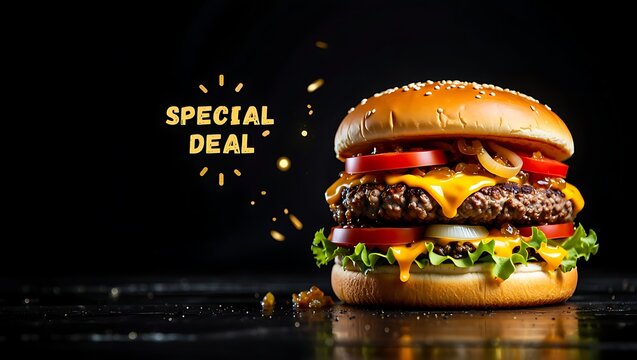 Delicious beef cheeseburger with special deal text isolated on a black background