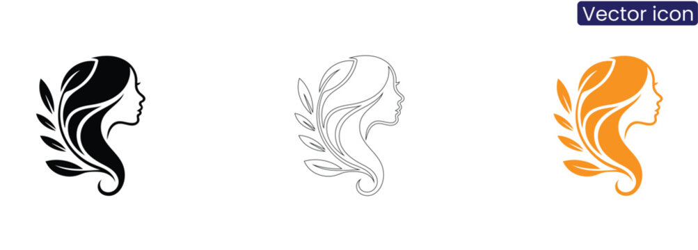 Beautiful Woman Face Profile with Hair Leaves Vector Icon Set, Female Beauty Salon Logo Template, Elegant Girl Silhouette for Spa, Cosmetics Wellness Branding in Outline and Color Design