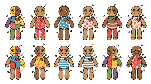 Collection of colorful voodoo dolls vector set with needles and button eyes for Halloween and magic designs