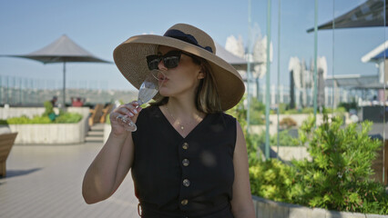 Fototapeta premium Woman holding wine glass sipping on a terrace of a building wearing wide brim hat and sunglasses; relaxation.