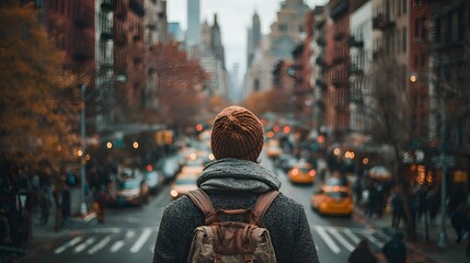 Obraz premium A person with a backpack looks down a busy street lined with buildings in an urban city du the autumn season in an artistic style.