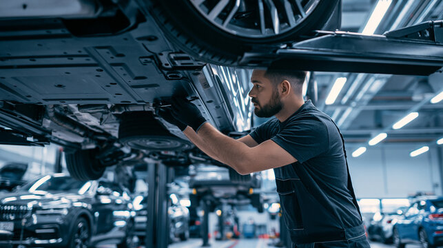 Automotive Workshop: Expert Mechanic Conducting Detailed Vehicle Repair and Maintenance in Modern Garage