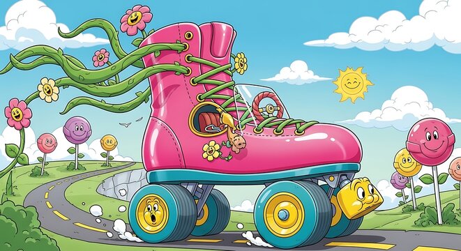 Vibrant Pink Roller Skate with Flowers.