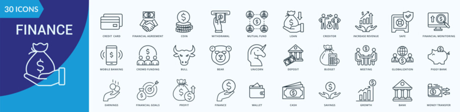 Finance Icon Set Outline Style Illustration Vector With credit card, financial agreement, coin, withdrawal, mutual fund, loan, creditor, increase revenue, safe
